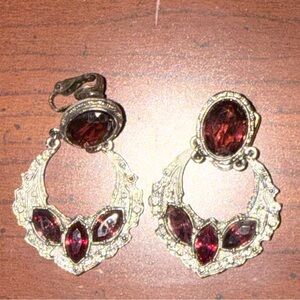 Vintage Garnet Red Rhinestone Clip-On Earrings – Gold Tone Statement Earrings